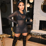 Summer See Through Dresses For Women 2021 Long Sleeve Sexy Party Fashion Bodycon Dress O Neck Mesh Black Mini