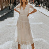 2022 Summer Boho Women Maxi Dress Vintage Polka Dot White Lace Long Tunic Beach