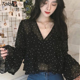 Women V-Neck Sexy Party Simple All-match Flare Sleeve Tops Womens Casual Short Style Polka Dot Elegant Shirts