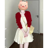 Gentle Temperament Red Knitted Shirt Coat Wave Dot Square Tie Dress Women's Spring And Summer New