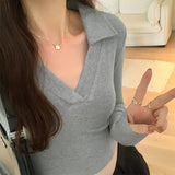 Style Spice Girl Polo Waist Long-Sleeved T-Shirt Women's Early Autumn New Bottomed Shirt White Blouse-Outfit