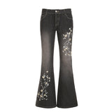 High Street Plant-Print Wash Jeans 2025 Autumn To Make Old Low-Rise Micro-Tipped Trousers