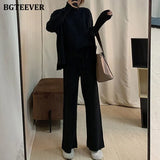 Winter 3 Pieces Sweater Set Women Half Turtleneck Vest & O-neck Pullovers & Lace-up Loose Pants 2020 Female Knitted