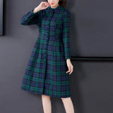winter Women Vintage Plaid dress New Long Sleeve Green Plaid Fashion Dress Mid-Long Ladies Thickening Woolen Dress
