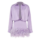 Sexy Dress For Women Lapel Long Sleeve High Waist Patchwork Feathers Solid Mini Dresses Female Spring Clothes