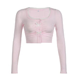 Sweet Wind Bowknot Stitching Long-Sleeved Ins Internet Celebrities Slim Thin Lace Pleated Short Navel Blouse-Outfit