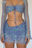 Summer Sexy Knit Bodycon Bandage Two Piece Skirts Set For Women 2023 Long Sleeve Backless Crop Top And Booty Mini