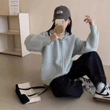 New Knitted Sweater Cardigan Female Simple Pocket Double Zipper Hooded Female Loose Solid Color Coat Female-Outfit