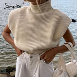 Casual high neck Sleeveless women's sweater vest With Shoulder Pads Knitted Pullover Fashion Autumn Winter jumper