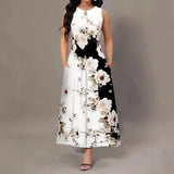 And Summer Explosion Print Slings Large-Size Dress Flower Pocket Necking A-Character Dress Women's