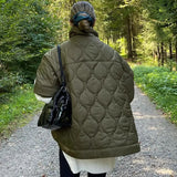 Toloer Half Zipper Loose Waterproof Cloak Type Cotton Coat Female Half Sleeve Diamond Lattice Wire Padded Coat-Outfit