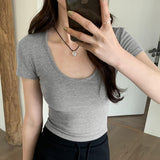 Version Of White U-Collar Slim Short-Sleeved T-Shirt Women's New Summer High-Waisted Slim And Thin Underwear-Outfit