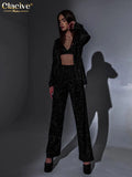 Sexy Blue Glitter 3 Piece Sets Women Outifits Fashion Long Sleeve Blazer + Bar With High Waist Straight Pants Female