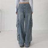 Station 2023Ins Fashionable Women's Wear Street Shoot Wind Big Pocket Lazy Overalls Low-Waisted Jeans Women's Autumn-Outfit