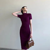 Autumn Winter New Knit Dresses Korean Half Turtleneck Short Sleeve Vestidos Femme Vintage Slim Basics