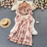 Women Summer Print Temperament Set 2022 Summer Long Sleeves Bow Single Breasted Tops Ladies Long Skirt Two Piece