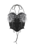 Women's Denim Short Tank Tops Slim Halter Lace-up Backless Spliced Plush Black Irregular Camis 2024 Spring New Fashion-Outfit
