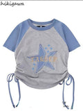 Women T-shirts Vintage Fashion Crop Tops Chic Star Embroidery Korean Tees 2023 Ropa Mujer Slim Fit Drawstring Y2k