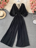 Vintage Blue/Black/Yellow Romper Women Casual V-Neck Short Puff Sleeve High Elastic Waist Elegant Wide Leg Jumpsuits Female