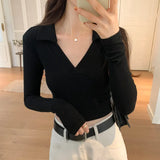 Style Spice Girl Polo Waist Long-Sleeved T-Shirt Women's Early Autumn New Bottomed Shirt White Blouse-Outfit