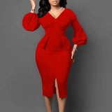 Women's V-Neck Bubble Bubble Sleeve Open Fork Dress Office Pencil Dress African