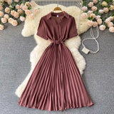 Summer Vintage Women Pleated Dress Red/Pink/Brown Turn-Down Collar Short Sleeve High Waist Casual Draped A-Line Vestido New