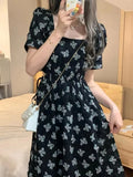 Black Square Collar Bandage Puff Sleeve Print Chiffon Midi Maxi Dresses for Women Party Dress Korea Clothing Summer