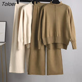Knitted Drape Wide Leg Two Piece Women Knit Sport Suits Women Elegant Suits Sweater Tracksuits Long Straight Pants