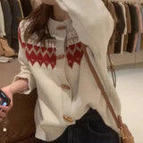 New Matching Color Sweater Women's Coat Round Collar Horn Buckle Loose Fashion Age-Reduced Knitted Cardigan Female National Style-Outfit