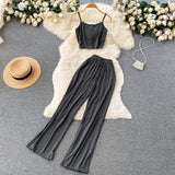 Split Women Set Casual Solid Summer 2022 Fashion Strap Camisole Elastic Waist Drawstring Wide Leg Pants Two Piece
