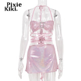 2023 Glitter Pink Two Piece Set Fairy Grunge Crop Top Mini Skirt Summer Clothes Sexy Club Rave Festival Outfit