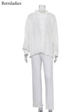 Causal Loose Home Suit Long Sleeve Blouse With High Wasit Pants Set Women Elegant Pleated Beige 2 Piece Pant