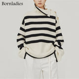Autumn Winter Style French-o High-neck Striped Thick Loose Knit Sweater Jacket Women High Street Sweaters for