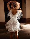White V-Neck Sleeveless Fringe Mini Club