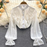Elegant French Blouse Women Temperament Sweet Ruffles Loose Casual Tops Spring Long Sleeve Streetwear White