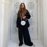 Casual Loose Pink Two Piece Pants Set Women Fashion Long Sleeve Blouses Matching Wide Trousers Suit Lace-Up Pant