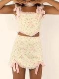 Floral Print Bow Cross Lacing up Back Corset Wood ears Crop Top + High Waist Ribbon Asymmetric Mini Skirt 2 pieces 1 set-Outfit