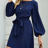 Chiffon solid color plus size loose simple lantern sleeve dress belt slim temperament women's clothing 2020