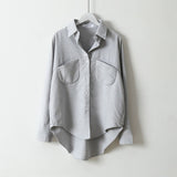 Autumn Women Solid Cotton Blouse Korean Long Sleeve Top Women Vintage Gray Top and Blouse with Pocket Women's Clothing