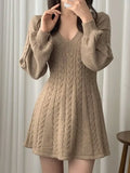 Color Cute V-Neck Cable Knit Long Sleeve Mini