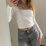 Feel Pink Bow Tie Square Collar Long-Sleeved T-Shirt 2023 Autumn And Winter New Slim Basic Casual Blouse-Outfit