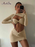 y2k Long Sleeve Sexy Cut Out Skirts 2 Piece Sets Lady Outfits Matching Sets Twist Crop Top and
