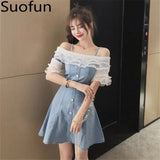 Slim Off Shoulder Short Sleeve Mesh Patchwork Ruffles 2021 New Fashion Front Buttons Lace Women Spaghetti Denim