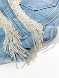 Denim Shorts Slim Contrast Color Patchwork Crystal Tassel High Waist Mini Short Pants 2024 Summer New Fashion 29L0423H-Outfit