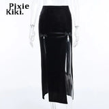 Alt Fashion High Waist Long Skirt with Double Slit Women Winter Velvet Black Sexy Skirts Gothic Punk Clothes