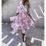 Floral Dress Aysmmetrcial Half Sleeve Printed Buttoned V-Neck Dress High Waist Boho Holiday Vestidos Fashion Midi