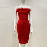 TWOTWINSTYLE Sexy Dresses For Women Strapless Sleeveless High Waist Feathers Patchwork Zipper Elegant Dress Female Summer