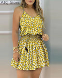 Women Sexy V Neck Drawstring Shirring Detail Floral Print Mini