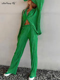 Pleated Fashion 2 Piece Women Wide Leg Trouses Suits And Drap Shirt Ladies Outfits 2yk Straight Long Pants Sets
