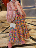 Vintage Print Floral Dress For Women Stand Collar Puff Sleeve High Waist Loose Midi Dresses Female Clothes 2022